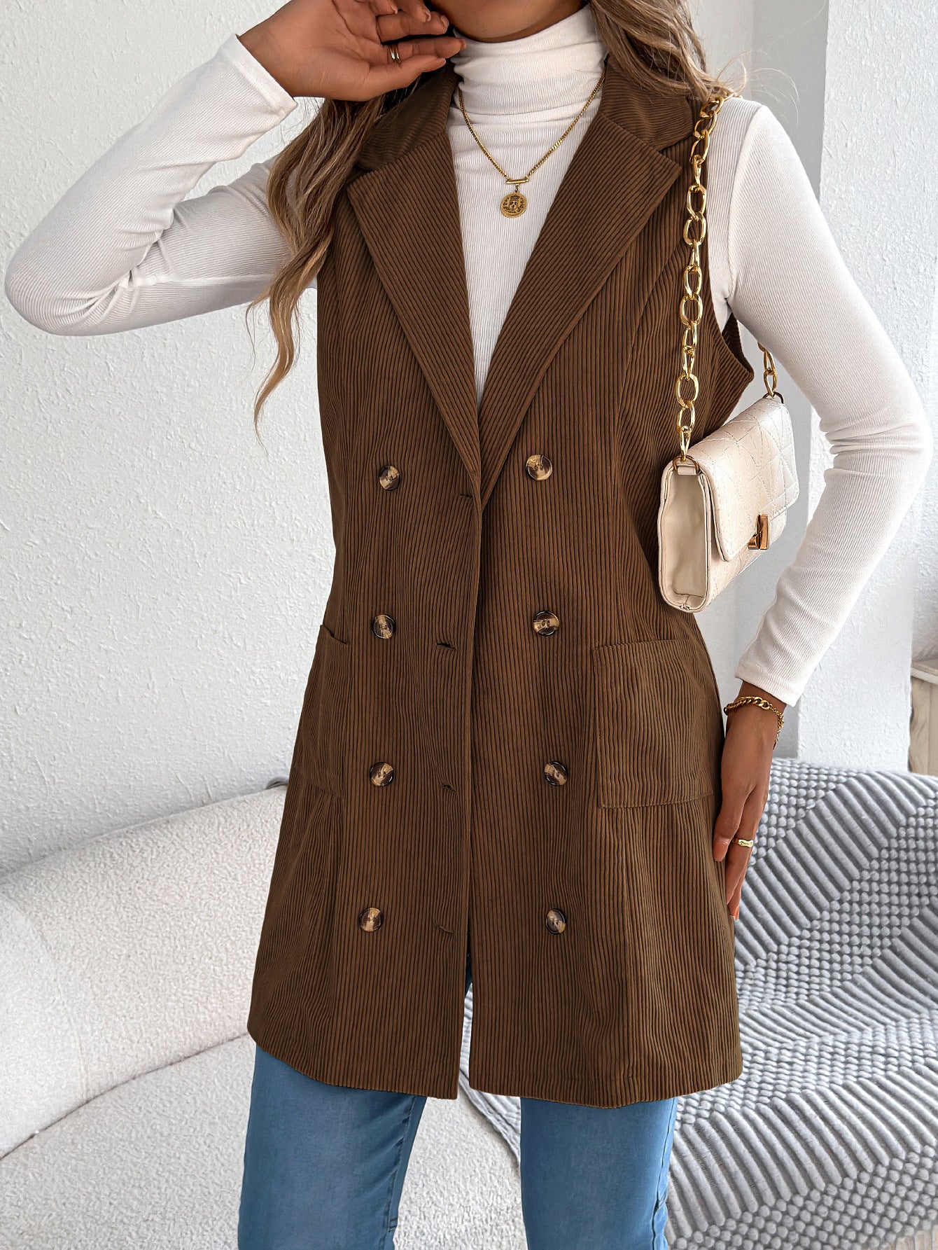 Double breasted pocket corduroy long vest jacket
