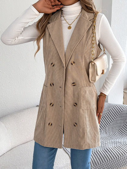 Double breasted pocket corduroy long vest jacket
