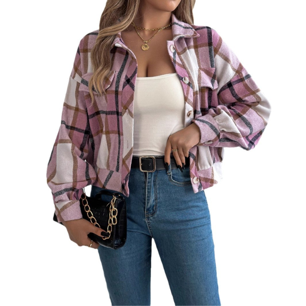 Checkered fake pocket long sleeved woolen jacket