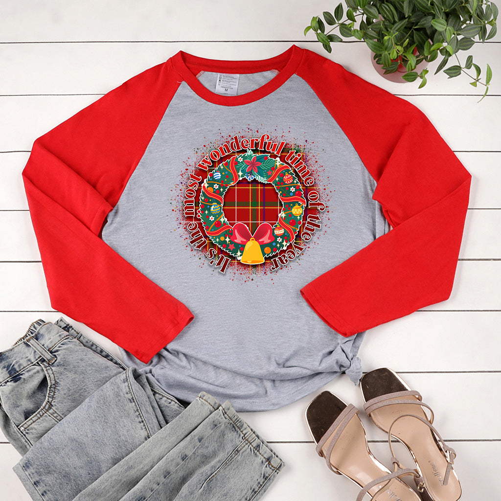 Christmas wreath print shoulder length long sleeved shirt