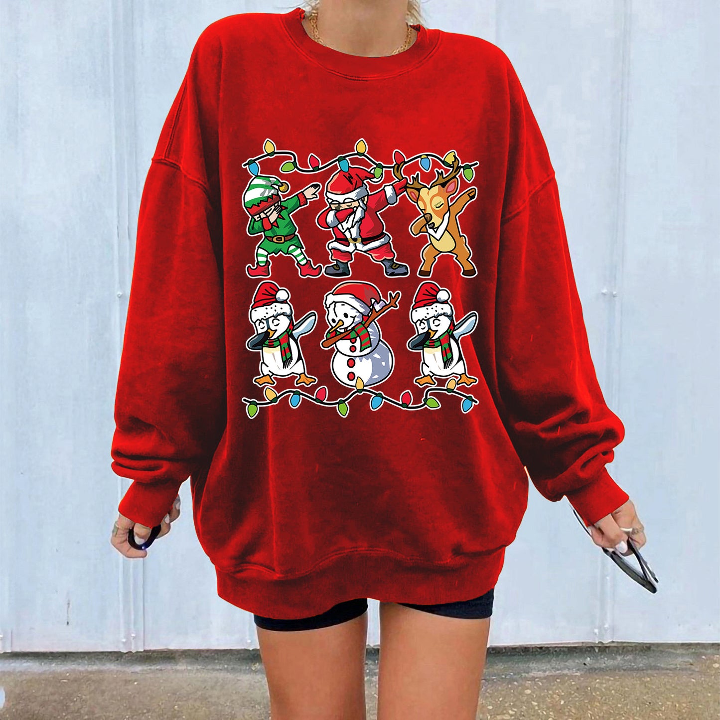 New ladies' hoodie with Christmas lights Santa Claus print shoulder down design