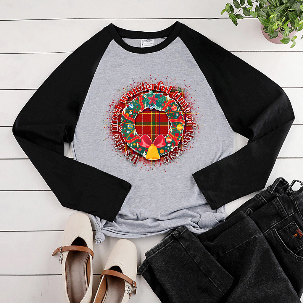 Christmas wreath print shoulder length long sleeved shirt