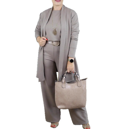 Solid color round neck long sleeved top belt set 3-piece set for women