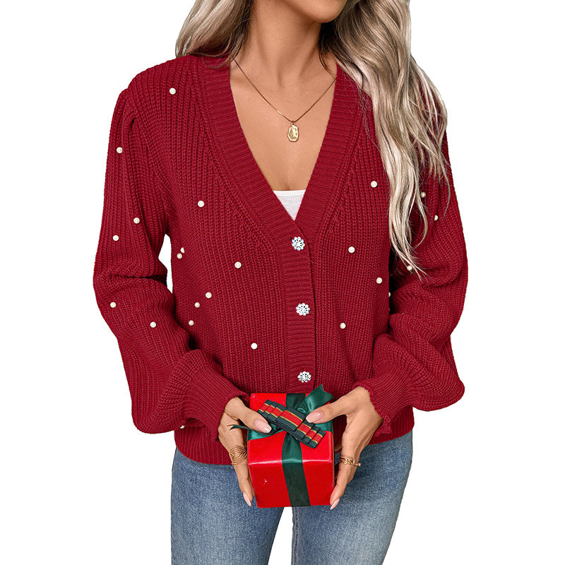 Knitted cardigan V-neck pearl decorated red Christmas sweater jacket for women
