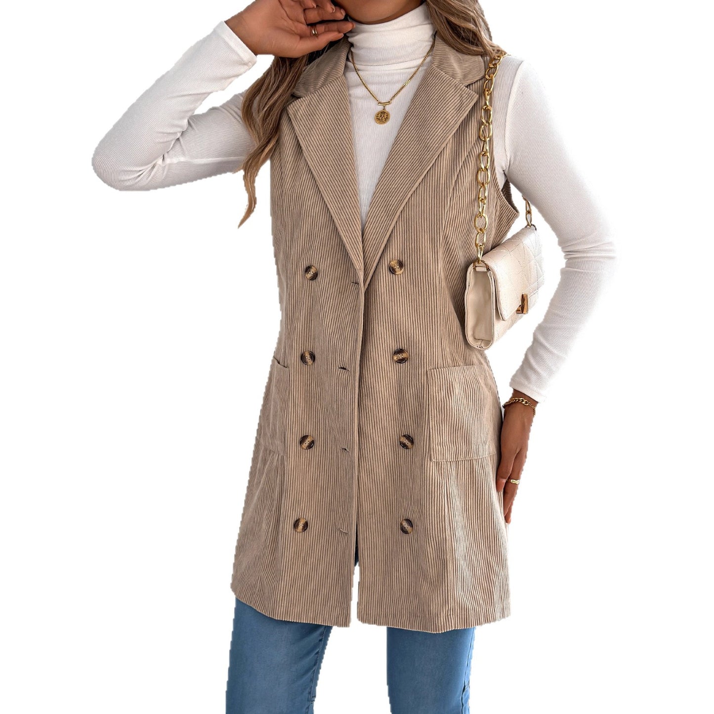 Double breasted pocket corduroy long vest jacket