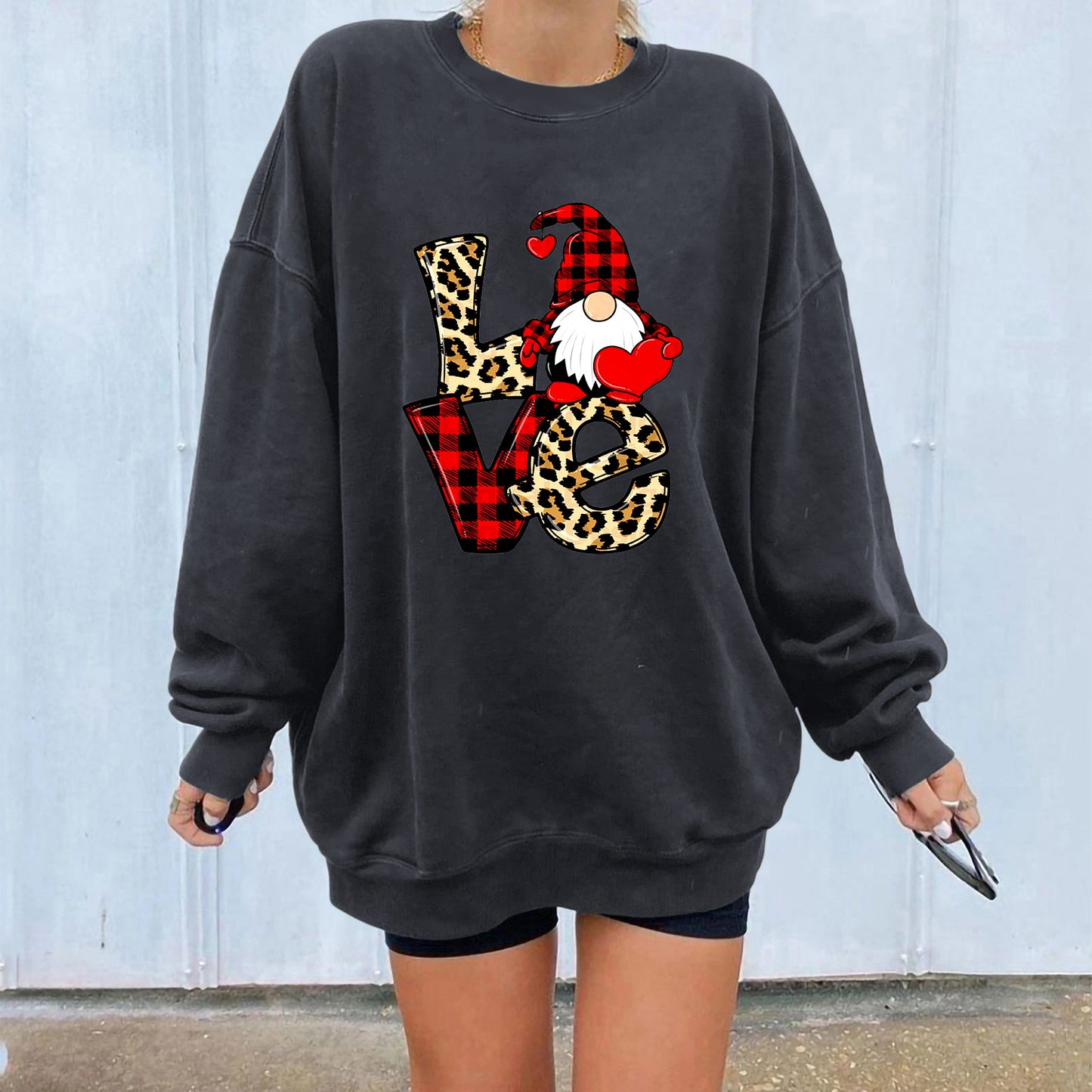 Red and black checkered Santa Claus love letter patchwork printed shoulder down hoodie