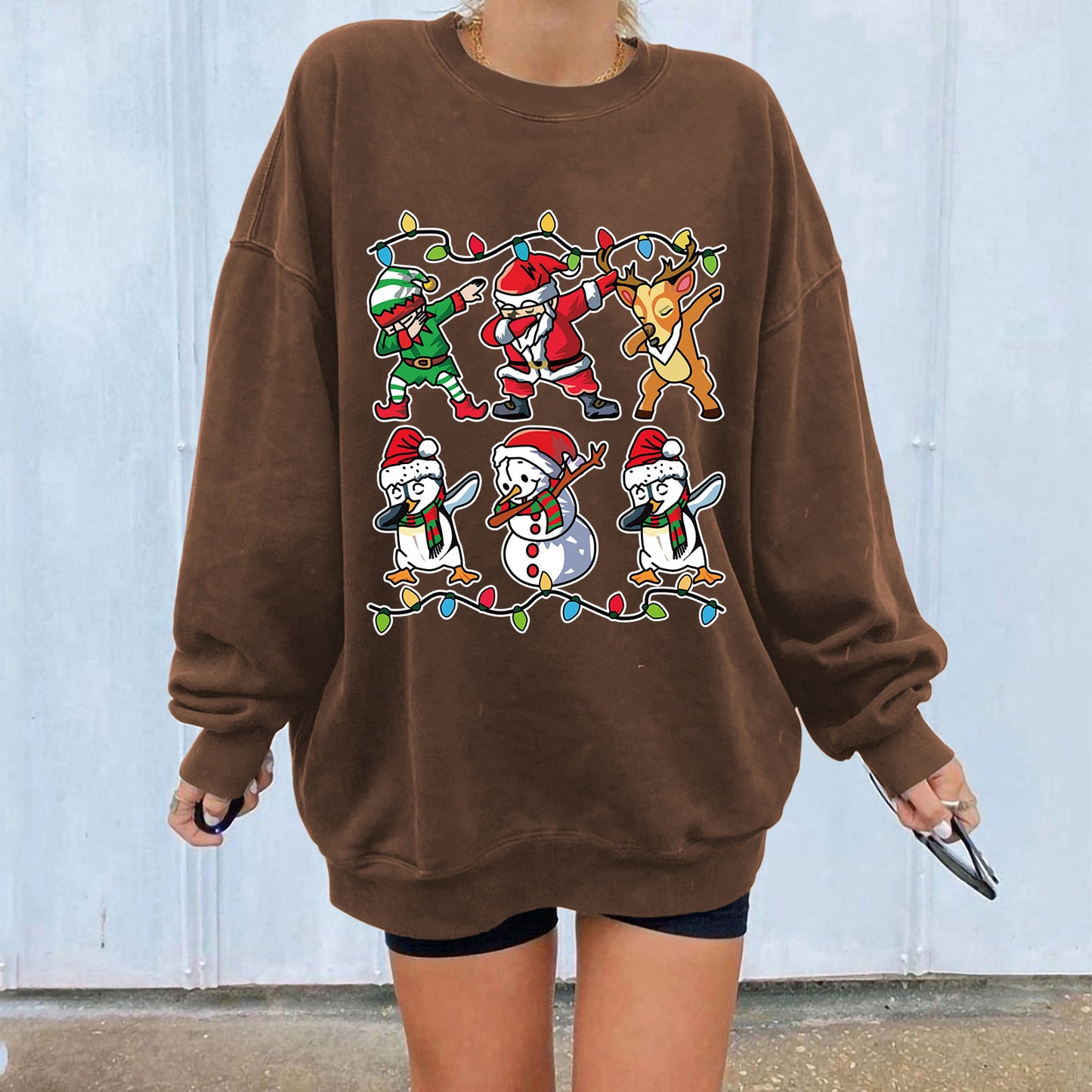 New ladies' hoodie with Christmas lights Santa Claus print shoulder down design