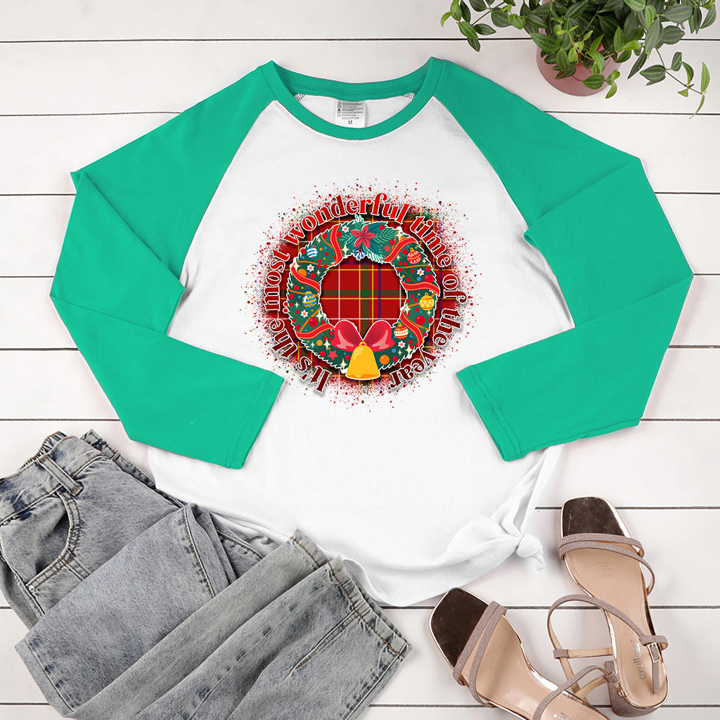 Christmas wreath print shoulder length long sleeved shirt