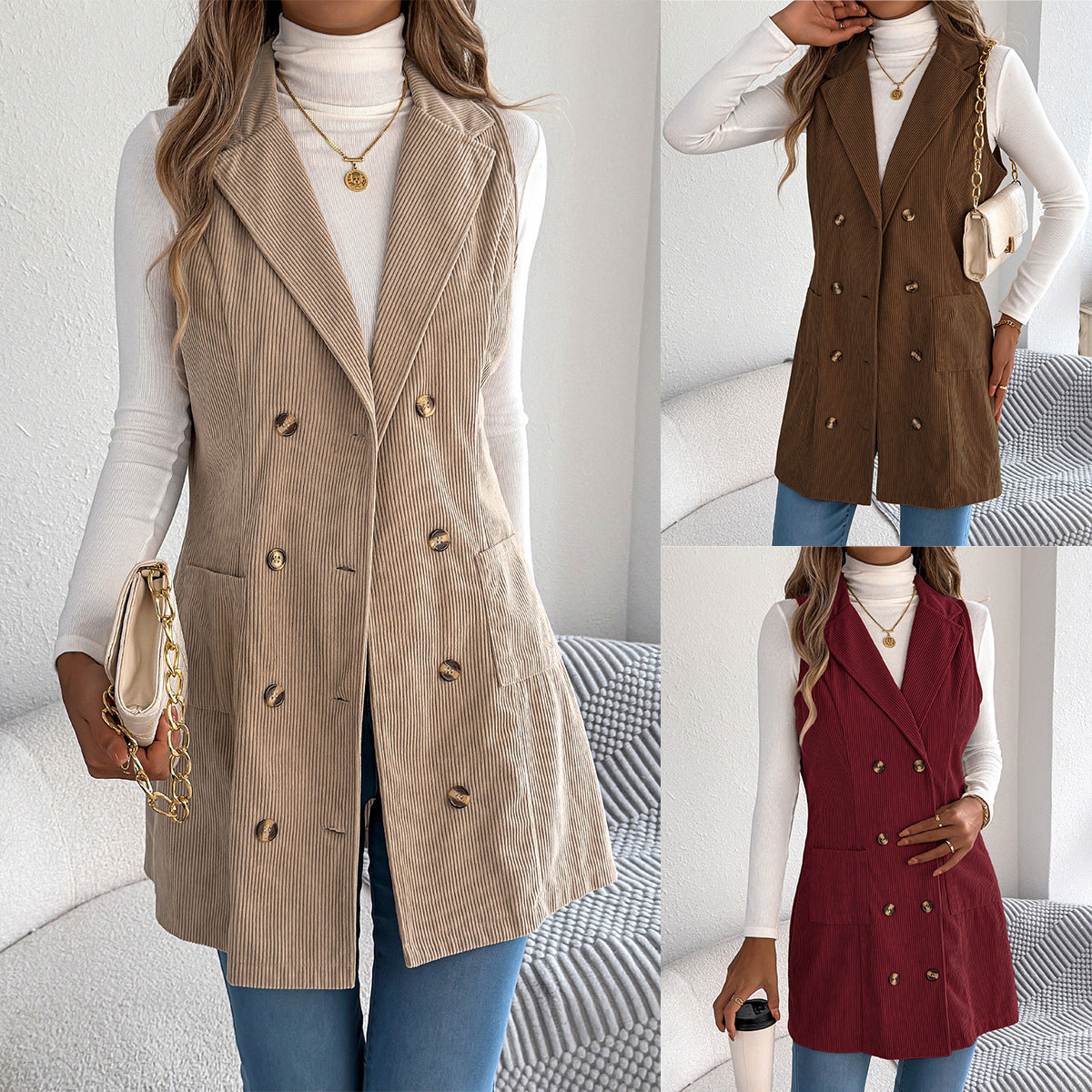 Double breasted pocket corduroy long vest jacket