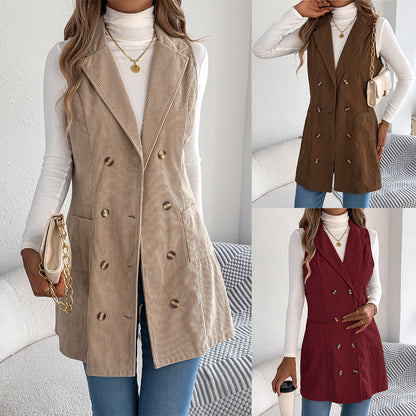 Double breasted pocket corduroy long vest jacket