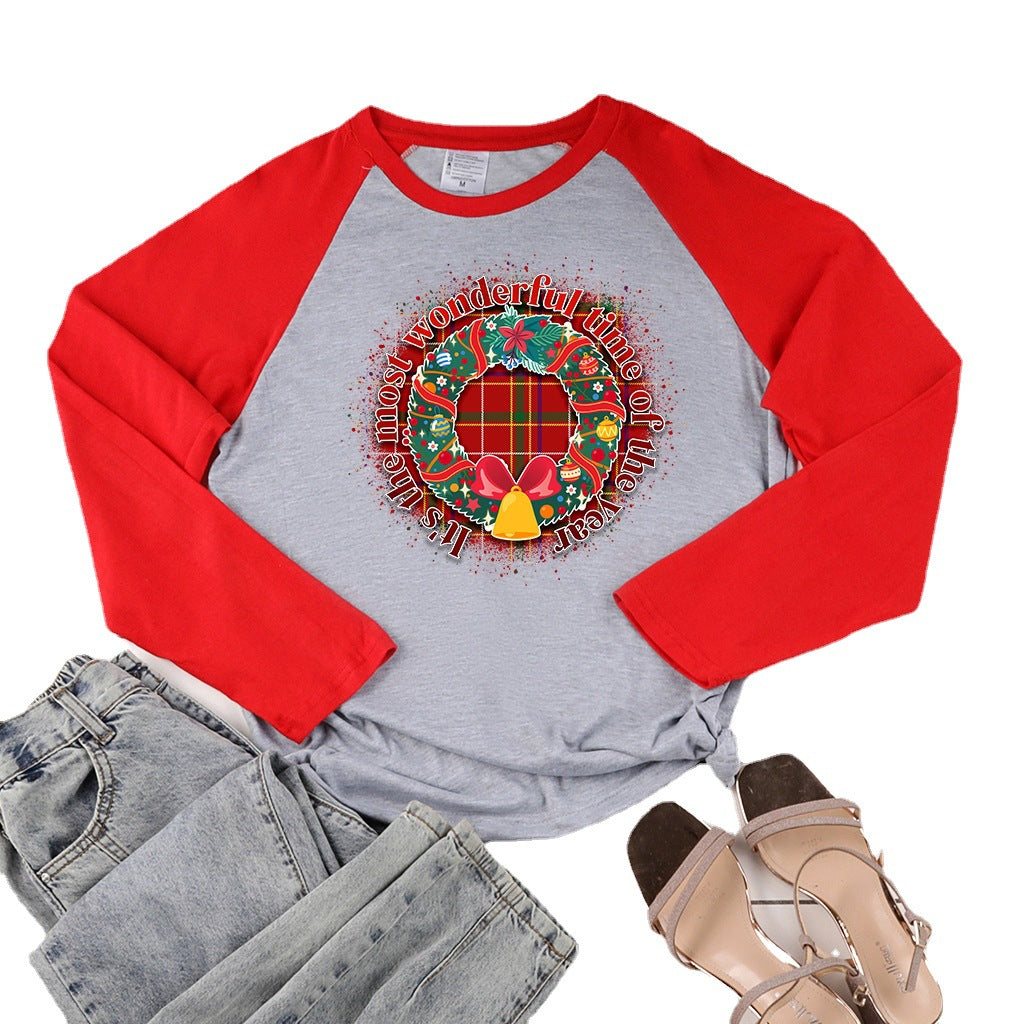 Christmas wreath print shoulder length long sleeved shirt