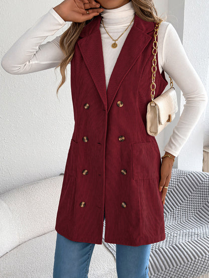 Double breasted pocket corduroy long vest jacket