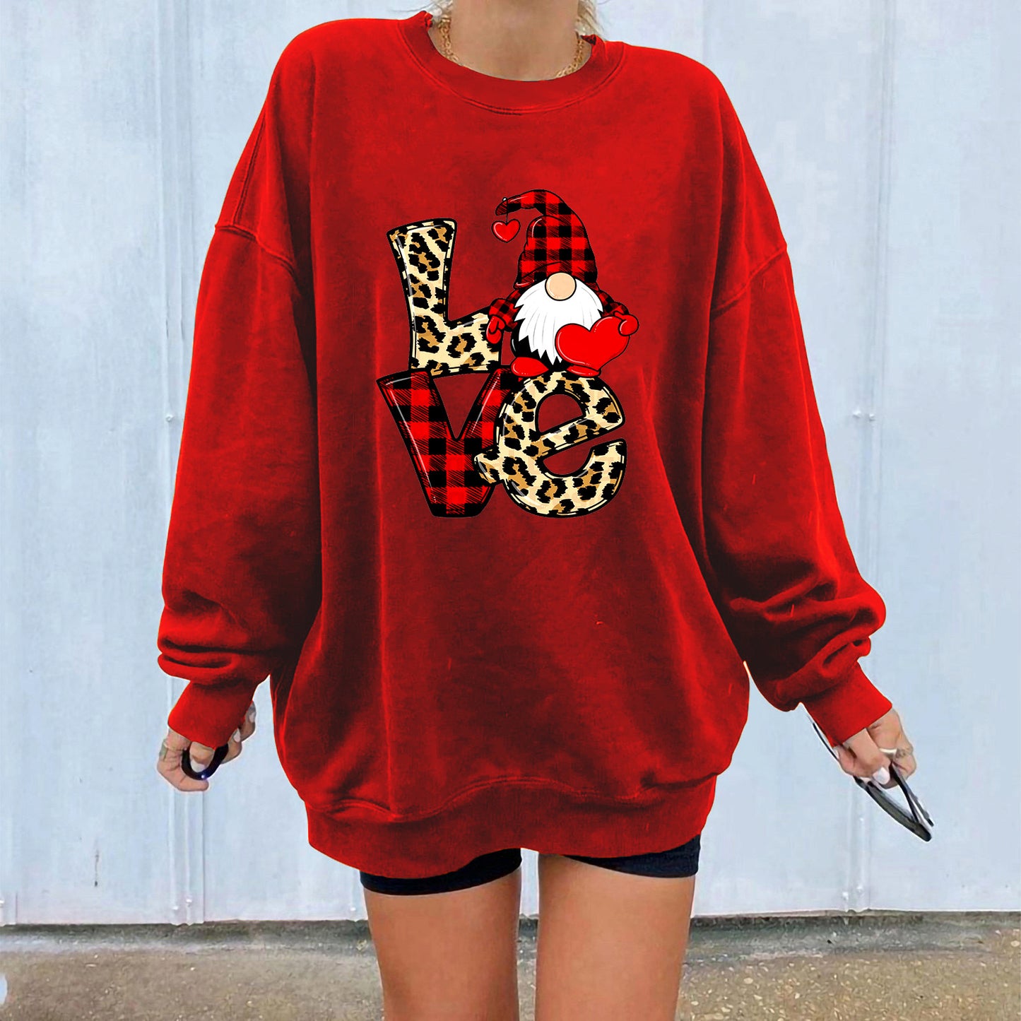 Red and black checkered Santa Claus love letter patchwork printed shoulder down hoodie