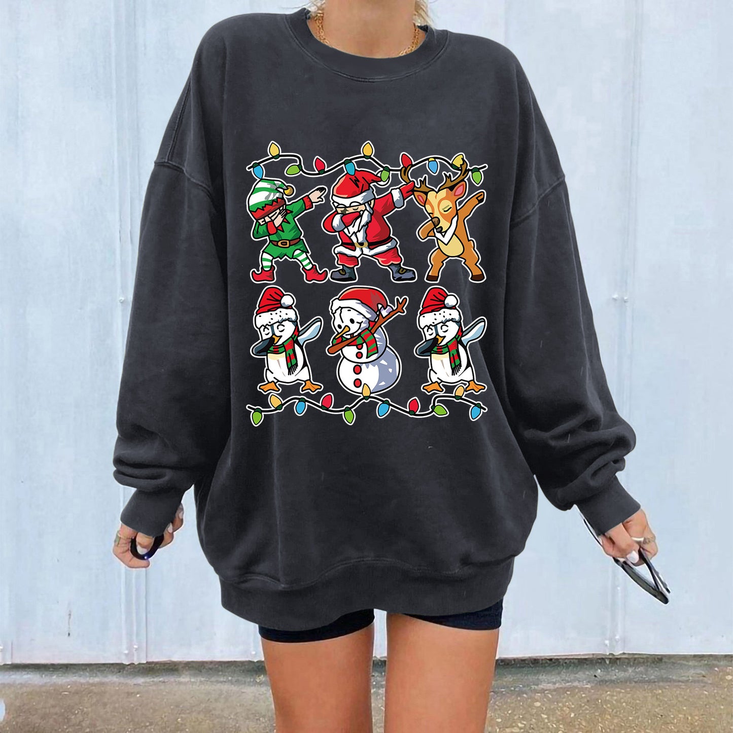 New ladies' hoodie with Christmas lights Santa Claus print shoulder down design