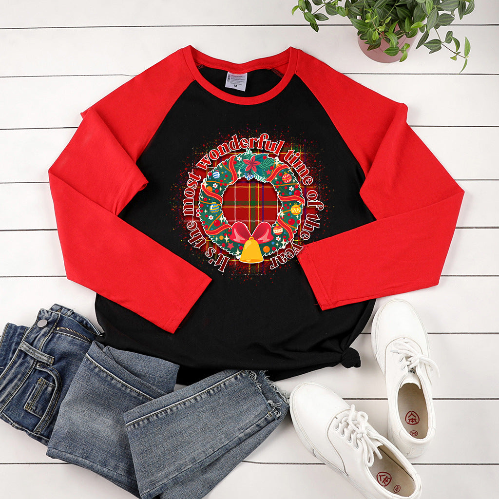 Christmas wreath print shoulder length long sleeved shirt