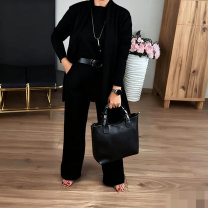 Solid color round neck long sleeved top belt set 3-piece set for women