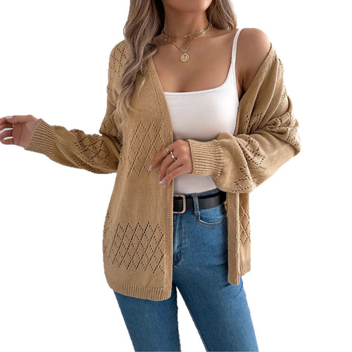 Solid color hollow lantern long sleeved cardigan sweater mid length jacket