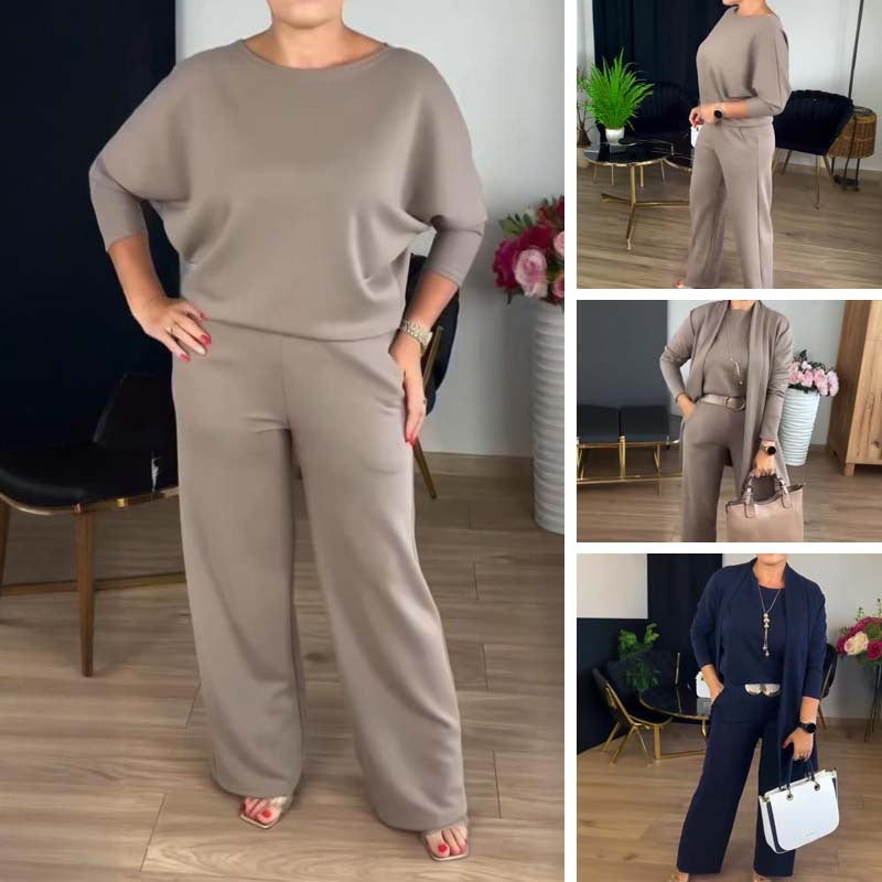 Solid color round neck long sleeved top belt set 3-piece set for women