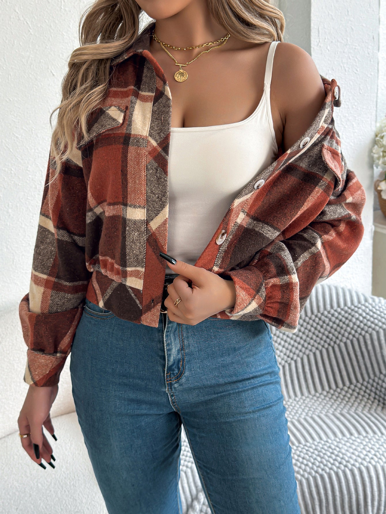 Checkered fake pocket long sleeved woolen jacket